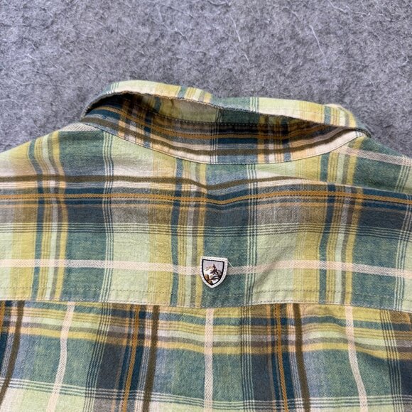 Kuhl Persuadr Shirt Men L Yellow Green Brown Linen Plaid Short Sleeve Button Up - Picture 10 of 15
